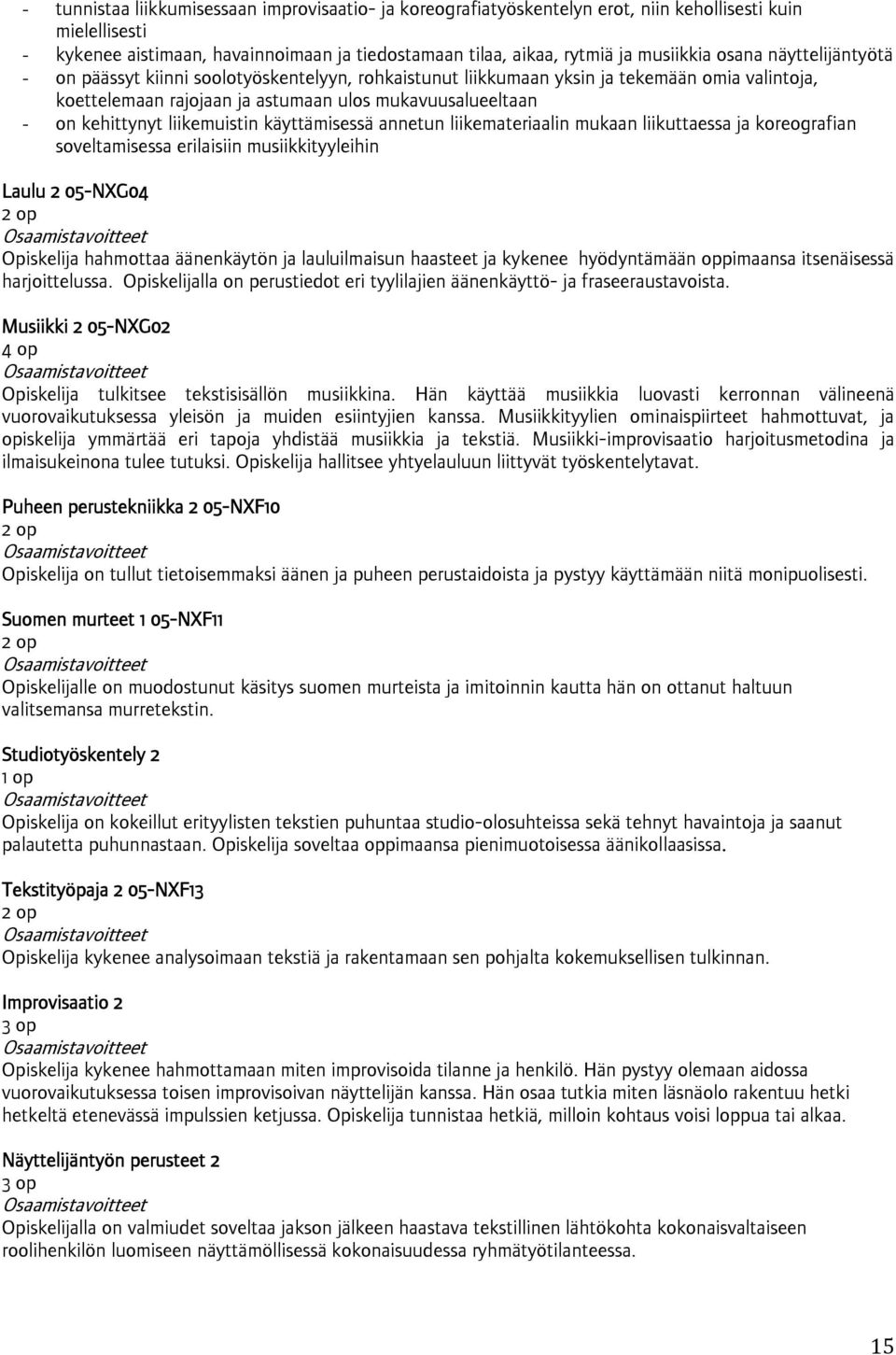 liikemuistin käyttämisessä annetun liikemateriaalin mukaan liikuttaessa ja koreografian soveltamisessa erilaisiin musiikkityyleihin Laulu 2 05-NXG04 Opiskelija hahmottaa äänenkäytön ja lauluilmaisun