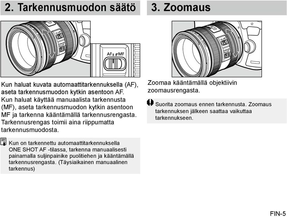 Tarkennusrengas toimii aina riippumatta tarkennusmuodosta. Zoomaa kääntämällä objektiivin zoomausrengasta. Suorita zoomaus ennen tarkennusta.