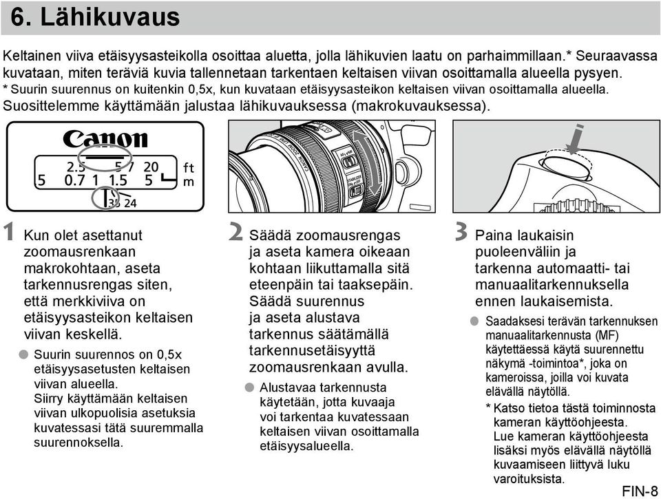 * Suurin suurennus on kuitenkin 0,5x, kun kuvataan etäisyysasteikon keltaisen viivan osoittamalla alueella. Suosittelemme käyttämään jalustaa lähikuvauksessa (makrokuvauksessa).