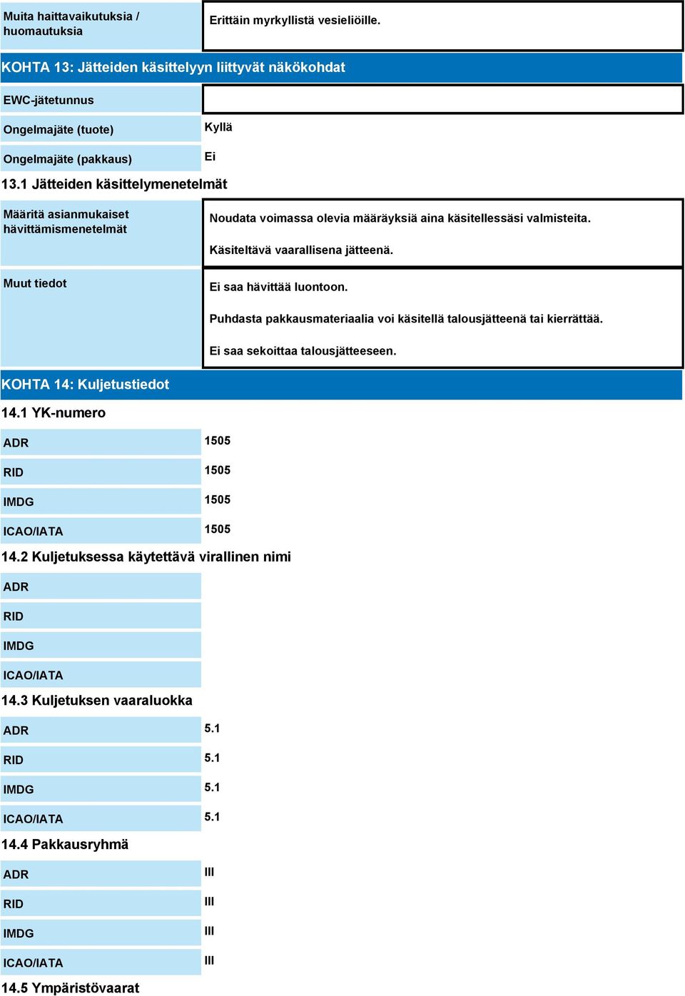 Ei saa hävittää luontoon. Puhdasta pakkausmateriaalia voi käsitellä talousjätteenä tai kierrättää. Ei saa sekoittaa talousjätteeseen. KOHTA 14: Kuljetustiedot 14.