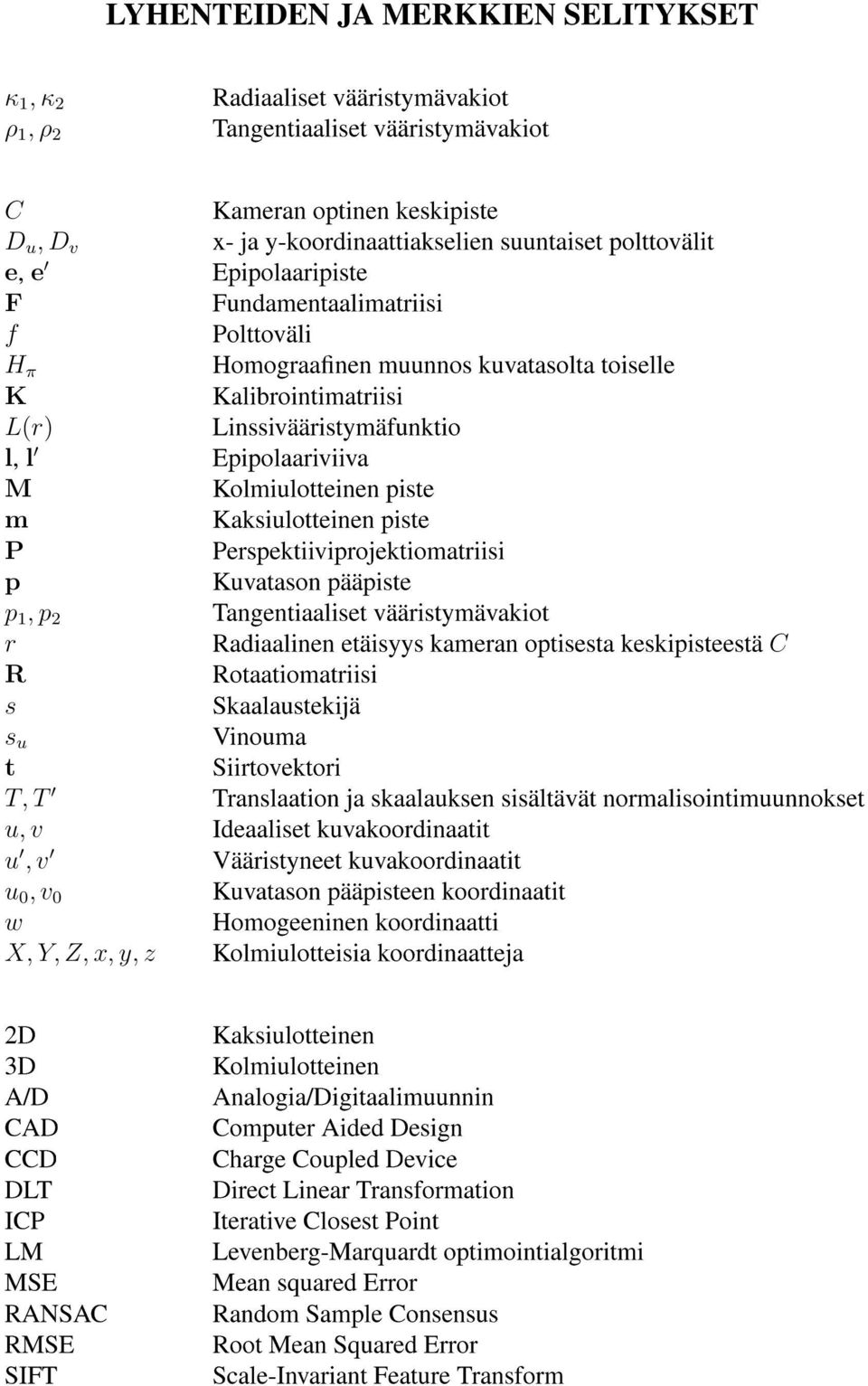 Kolmiulotteinen piste m Kaksiulotteinen piste P Perspektiiviprojektiomatriisi p Kuvatason pääpiste p 1, p 2 Tangentiaaliset vääristymävakiot r Radiaalinen etäisyys kameran optisesta keskipisteestä C