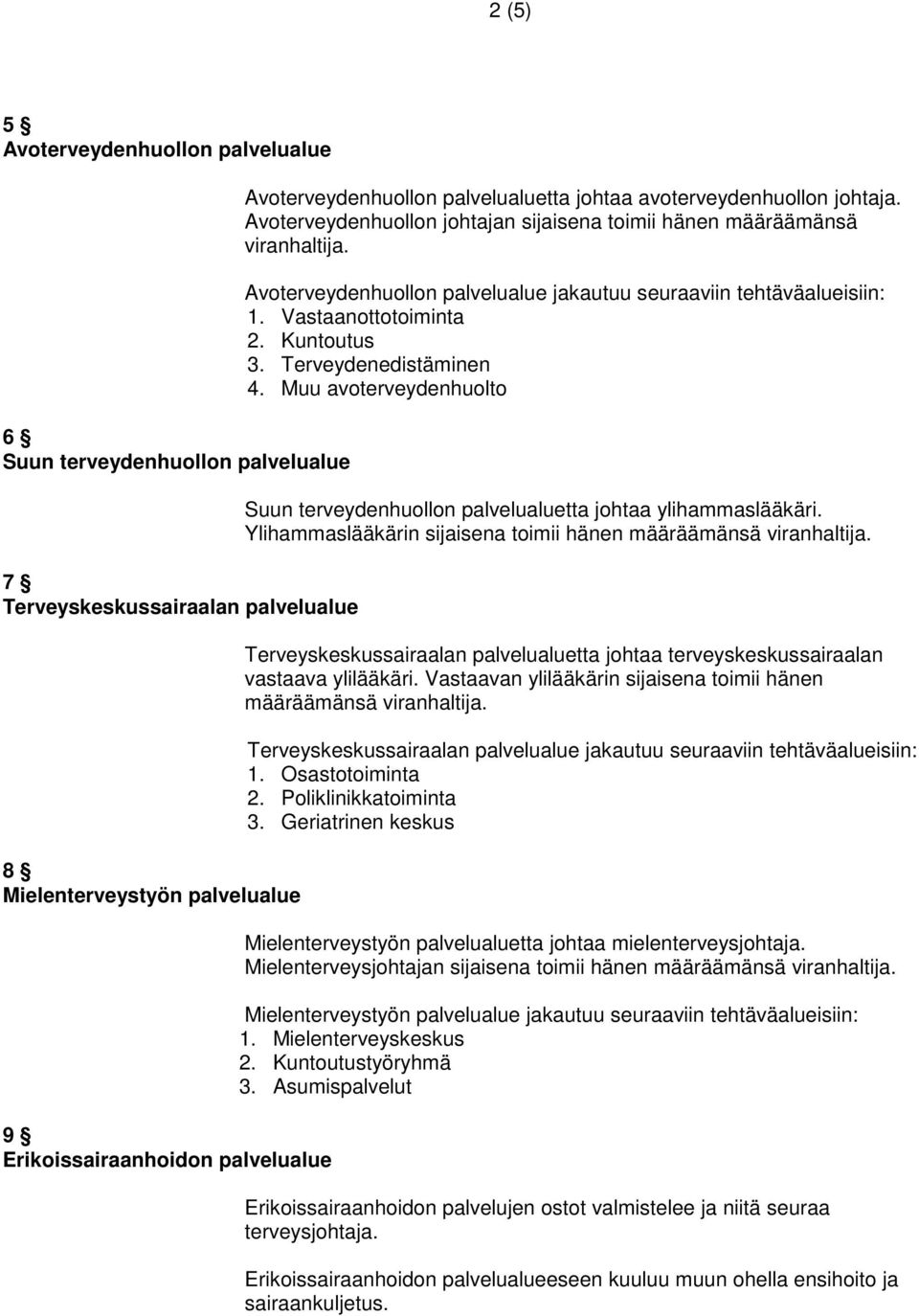 Avoterveydenhuollon palvelualue jakautuu seuraaviin tehtäväalueisiin: 1. Vastaanottotoiminta 2. Kuntoutus 3. Terveydenedistäminen 4.