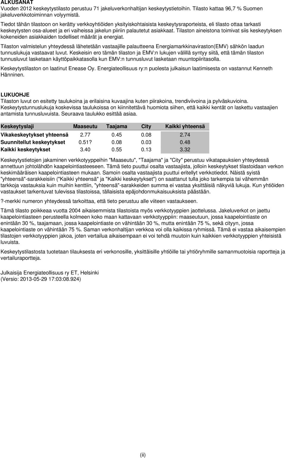 Tilaston aineistona toimivat siis keskeytyksen kokeneiden asiakkaiden todelliset määrät ja energiat.