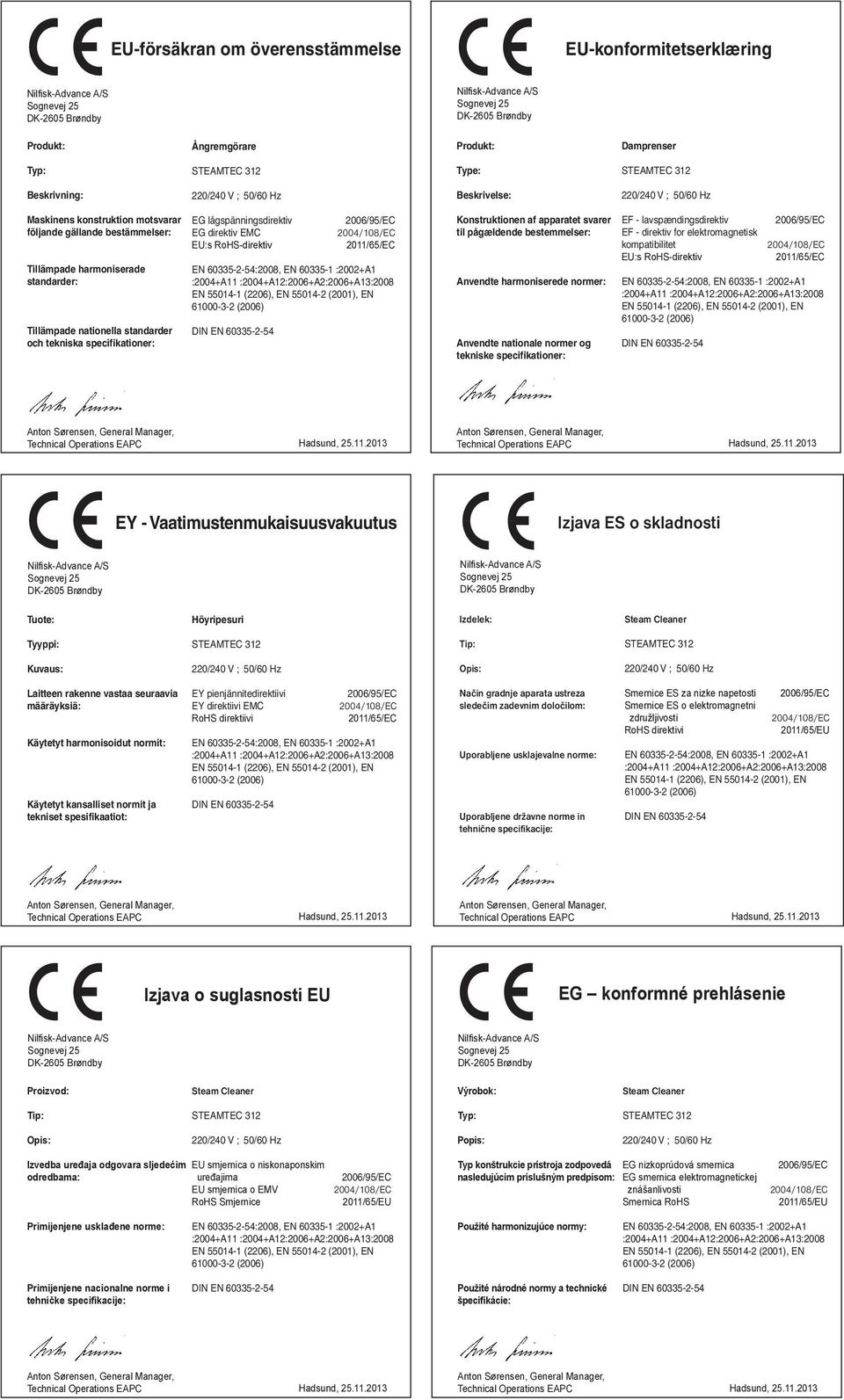 apparatet svarer til pågældende bestemmelser: Anvendte harmoniserede normer: Anvendte nationale normer og tekniske specifikationer: EF - lavspændingsdirektiv EF - direktiv for elektromagnetisk