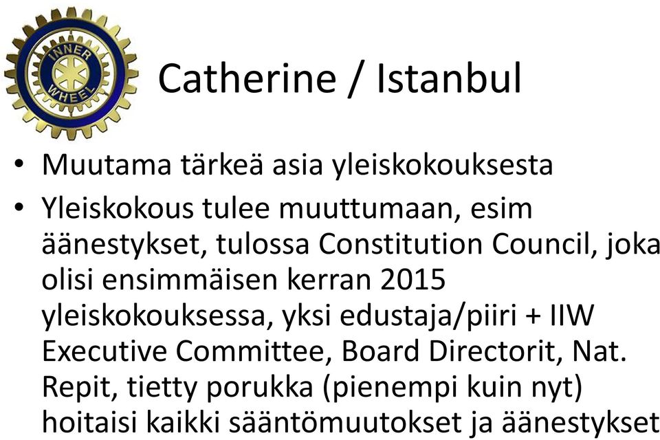 kerran 2015 yleiskokouksessa, yksi edustaja/piiri + IIW Executive Committee, Board