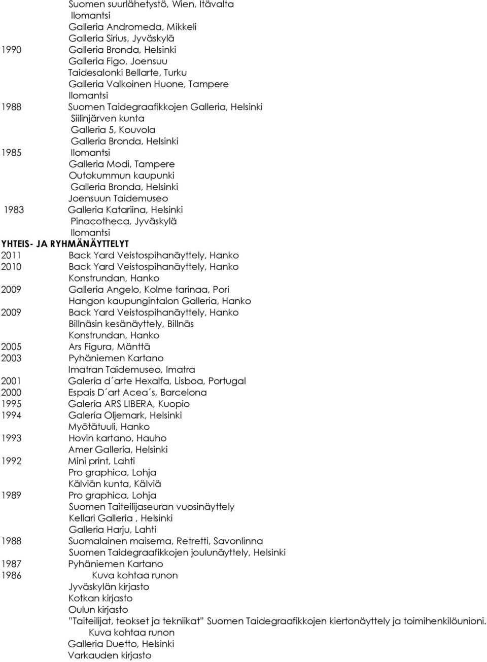 1983 Galleria Katariina, Helsinki Pinacotheca, Jyväskylä YHTEIS- JA RYHMÄNÄYTTELYT 2011 Back Yard Veistospihanäyttely, Hanko 2010 Back Yard Veistospihanäyttely, Hanko Konstrundan, Hanko 2009 Galleria