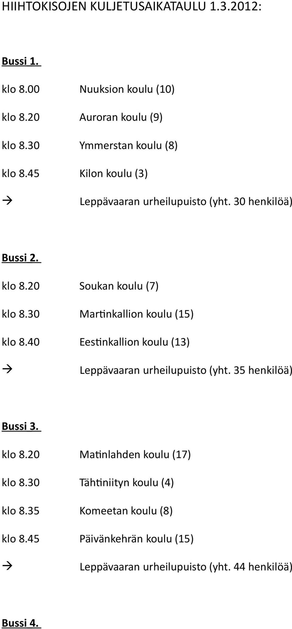 30 Martinkallion koulu (15) klo 8.40 Eestinkallion koulu (13) Leppävaaran urheilupuisto (yht. 35 henkilöä) Bussi 3. klo 8.20 Matinlahden koulu (17) klo 8.