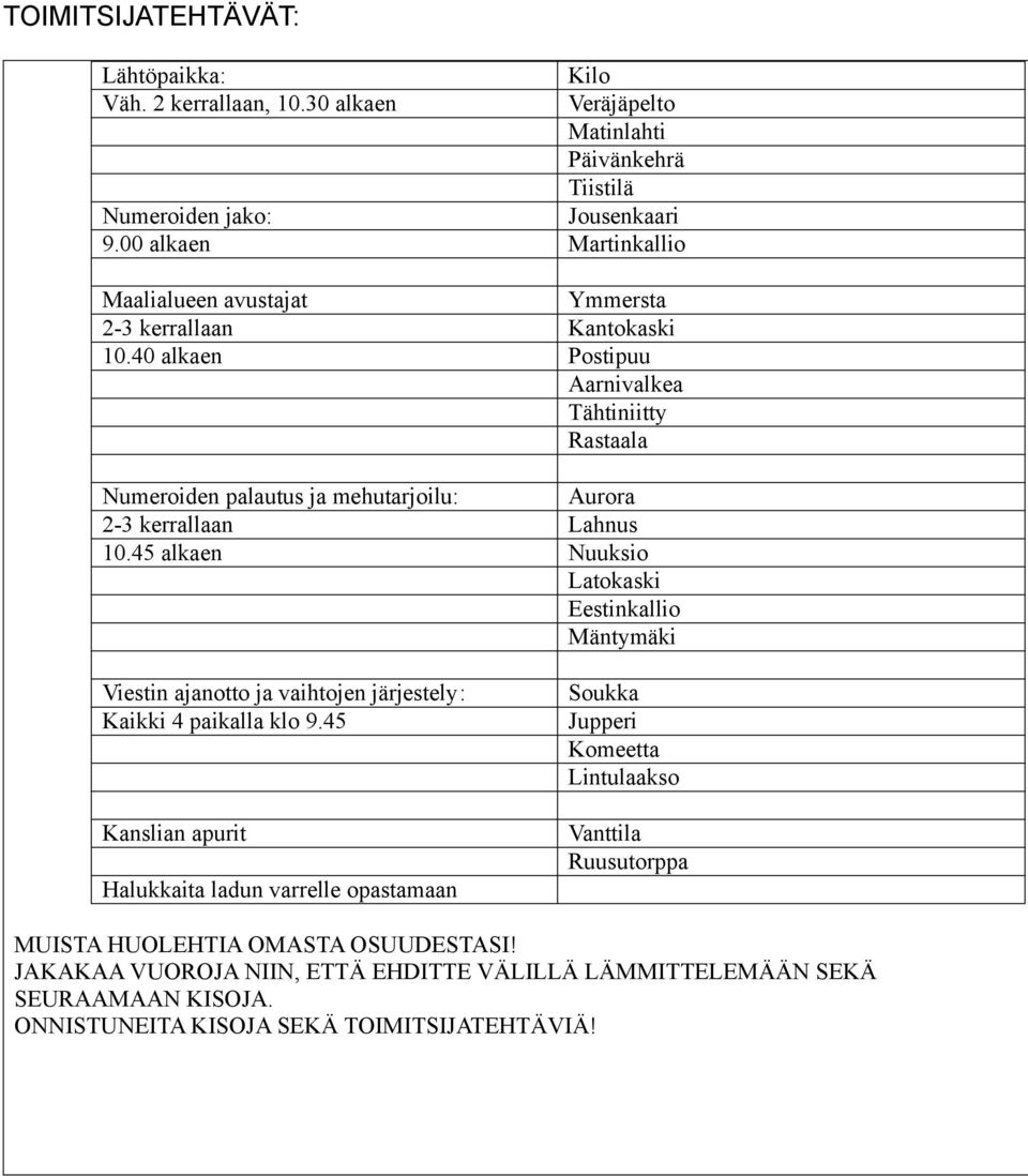 40 alkaen Postipuu Aarnivalkea Tähtiniitty Rastaala Numeroiden palautus ja mehutarjoilu: Aurora 2-3 kerrallaan Lahnus 10.