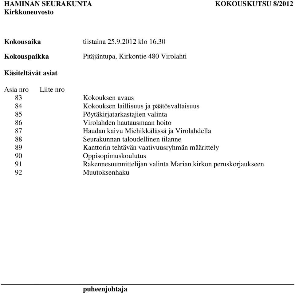 ja päätösvaltaisuus 85 Pöytäkirjatarkastajien valinta 86 Virolahden hautausmaan hoito 87 Haudan kaivu Miehikkälässä ja Virolahdella 88
