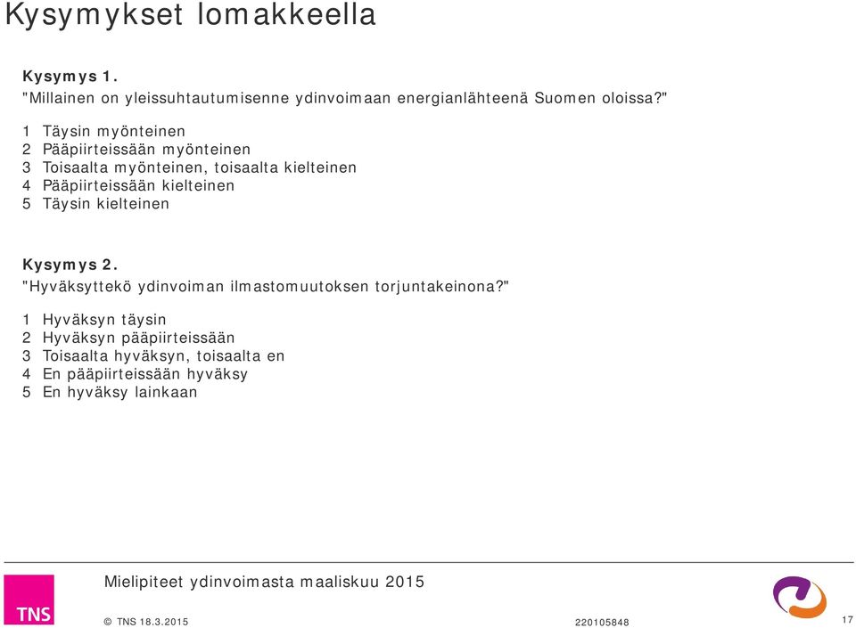 kielteinen 5 Täysin kielteinen Kysymys 2. "Hyväksyttekö ydinvoiman ilmastomuutoksen torjuntakeinona?