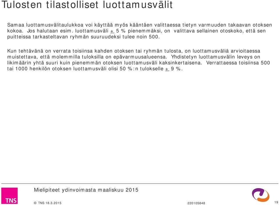 Kun tehtävänä on verrata toisiinsa kahden otoksen tai ryhmän tulosta, on luottamusväliä arvioitaessa muistettava, että molemmilla tuloksilla on epävarmuusalueensa.