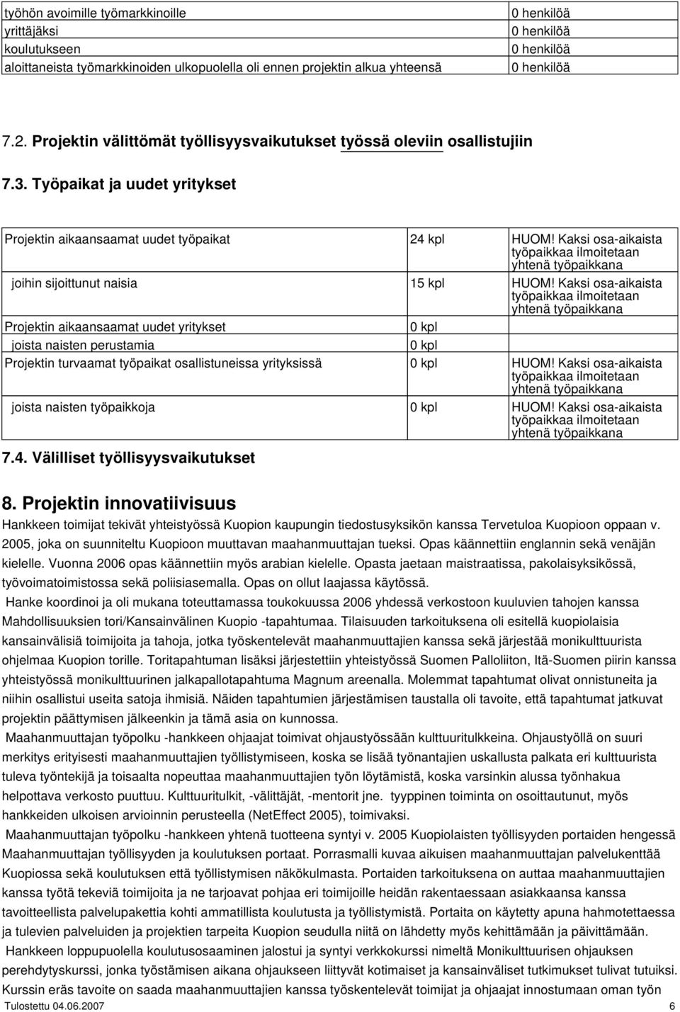 Kaksi osa-aikaista työpaikkaa ilmoitetaan yhtenä työpaikkana joihin sijoittunut naisia 15 kpl HUOM!