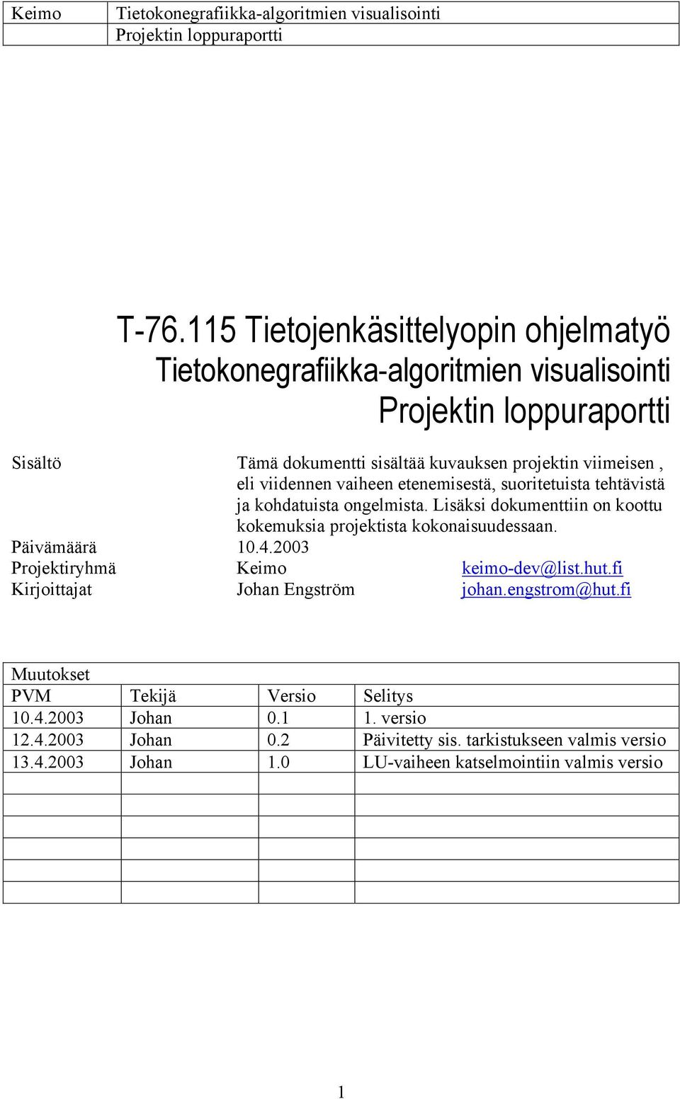 2003 Projektiryhmä Keimo keimo-dev@list.hut.fi Kirjoittajat Johan Engström johan.engstrom@hut.fi Muutokset PVM Tekijä Versio Selitys 10.4.