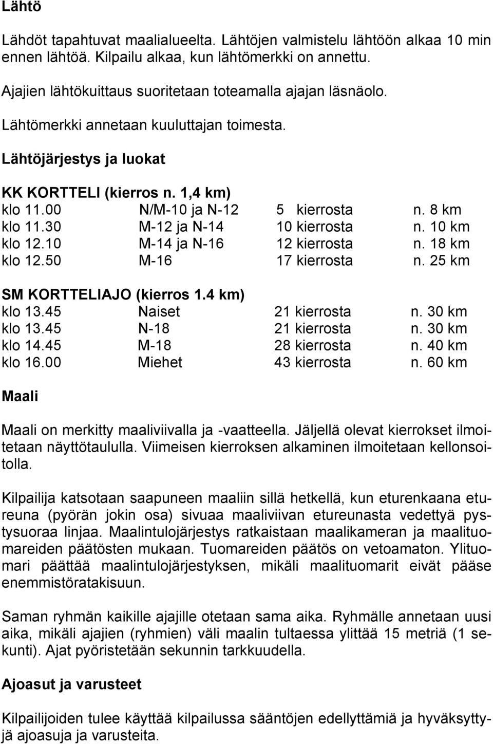 10 M-14 ja N-16 12 kierrosta n. 18 km klo 12.50 M-16 17 kierrosta n. 25 km SM KORTTELIAJO (kierros 1.4 km) klo 13.45 Naiset 21 kierrosta n. 30 km klo 13.45 N-18 21 kierrosta n. 30 km klo 14.