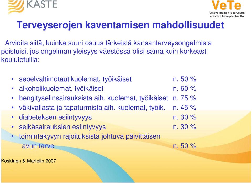 60 % hengityselinsairauksista aih. kuolemat, työikäiset n. 75 % väkivallasta ja tapaturmista aih. kuolemat, työik. n. 45 % diabeteksen esiintyvyys n.