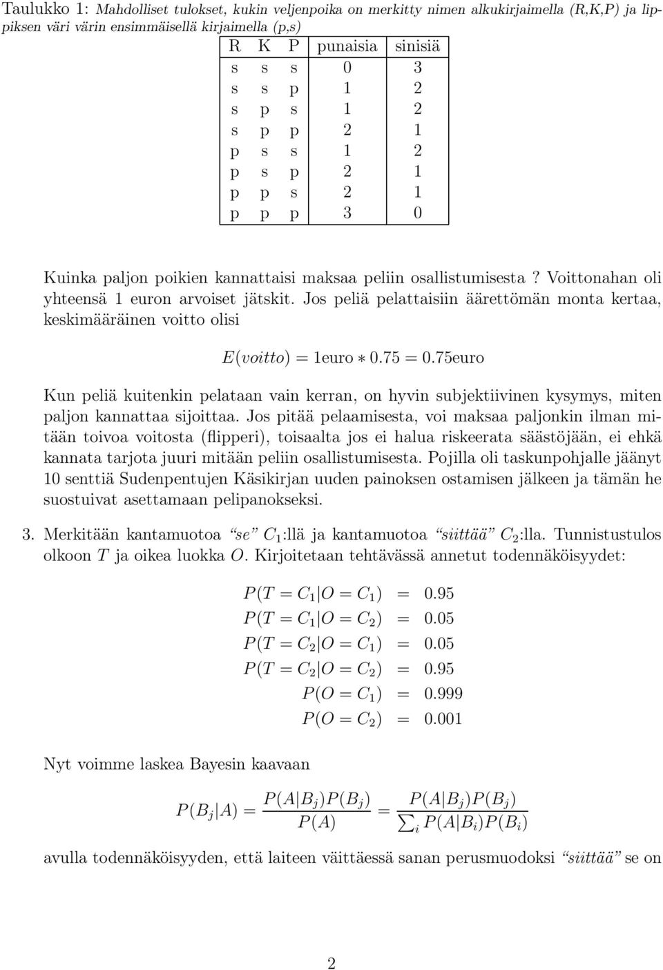 Jos peliä pelattaisiin äärettömän monta kertaa, keskimääräinen voitto olisi E(voitto) = euro.75 =.