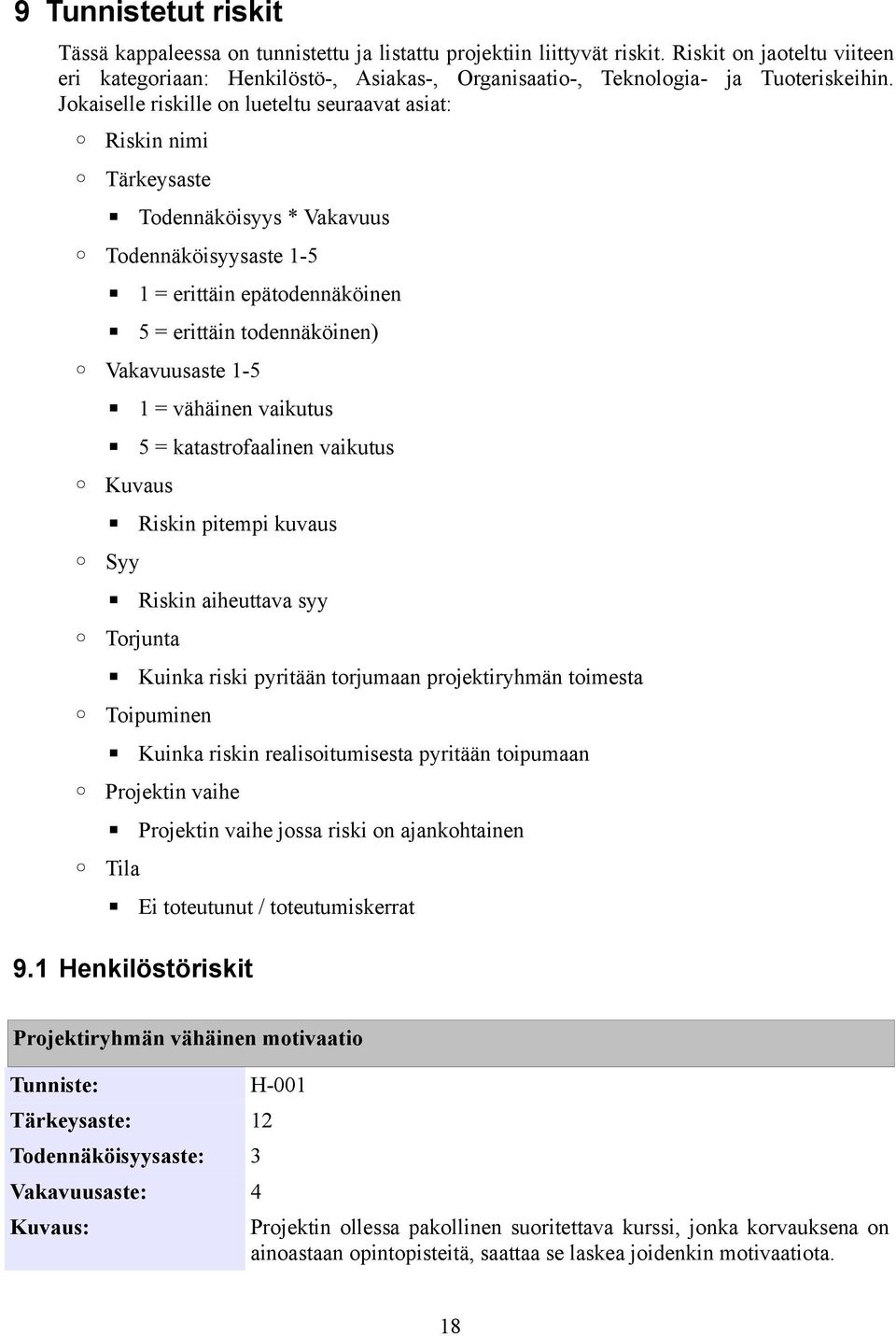 Jokaiselle riskille on lueteltu seuraavat asiat: Riskin nimi Tärkeysaste Todennäköisyys * Vakavuus Todennäköisyysaste 1-5 1 = erittäin epätodennäköinen 5 = erittäin todennäköinen) Vakavuusaste 1-5