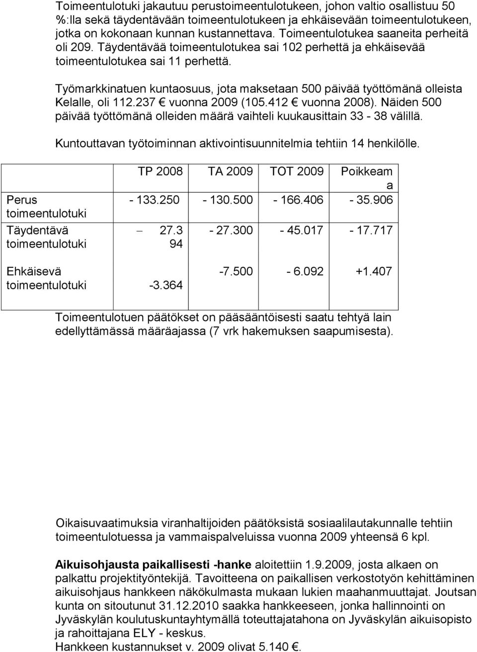 Työmarkkinatun kuntaosuus, jota makstaan 500 päivää työttömänä ollista Klall, oli 112.237 vuonna 2009 (105.412 vuonna 2008).