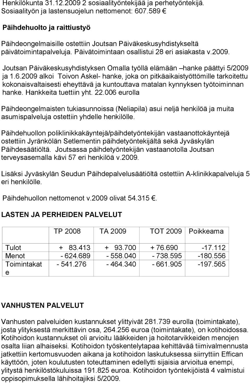 Joutsan Päiväkskusyhdistyksn Omalla työllä lämään hank päättyi 5/2009 ja 1.6.