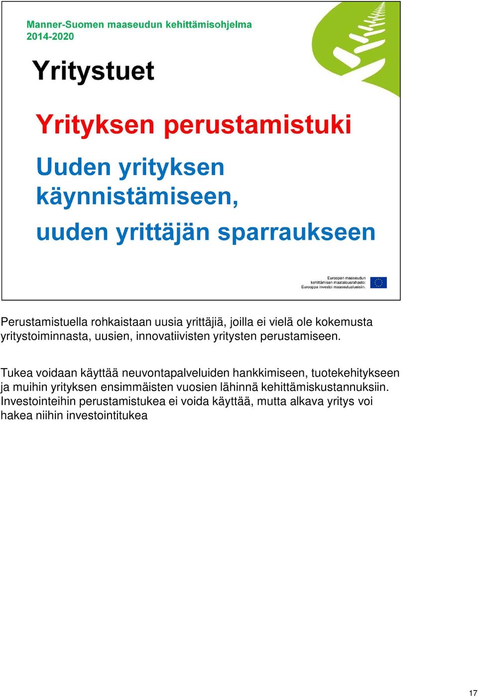 Tukea voidaan käyttää neuvontapalveluiden hankkimiseen, tuotekehitykseen ja muihin yrityksen