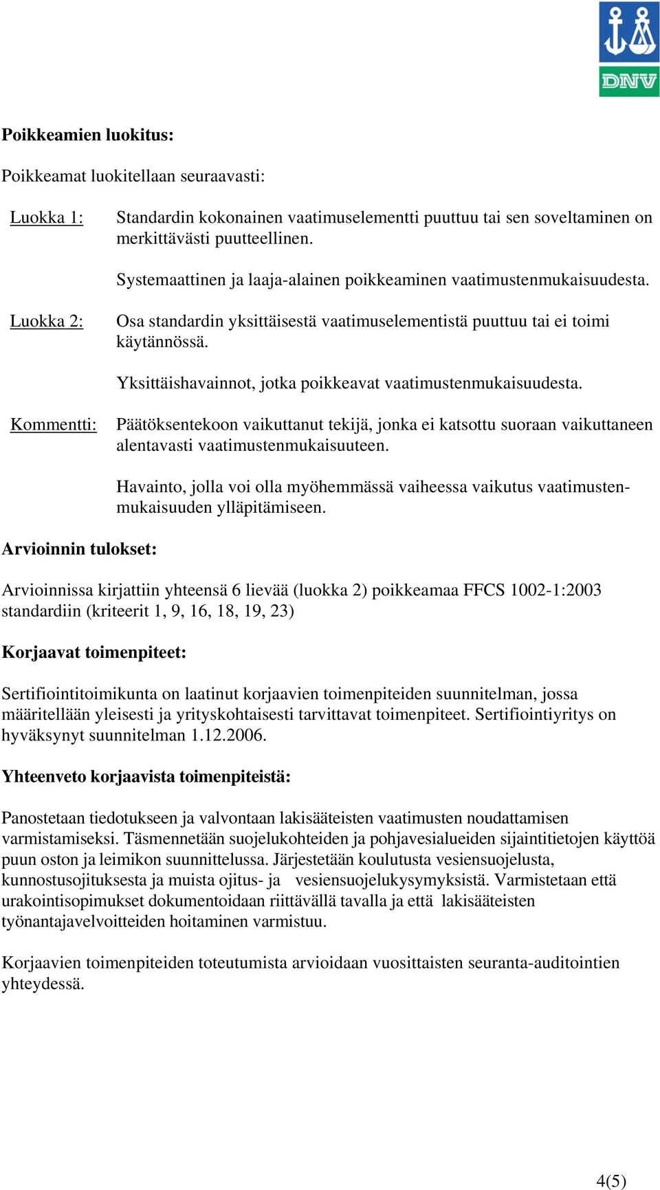 Yksittäishavainnot, jotka poikkeavat vaatimustenmukaisuudesta. Kommentti: Päätöksentekoon vaikuttanut tekijä, jonka ei katsottu suoraan vaikuttaneen alentavasti vaatimustenmukaisuuteen.