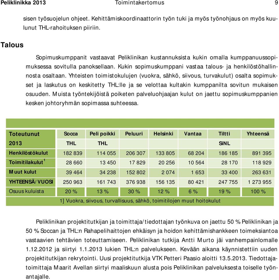 Yhteisten toimistokulujen (vuokra, sähkö, siivous, turvakulut) osalta sopimukset ja laskutus on keskitetty THL:lle ja se velottaa kultakin kumppanilta sovitun mukaisen osuuden.