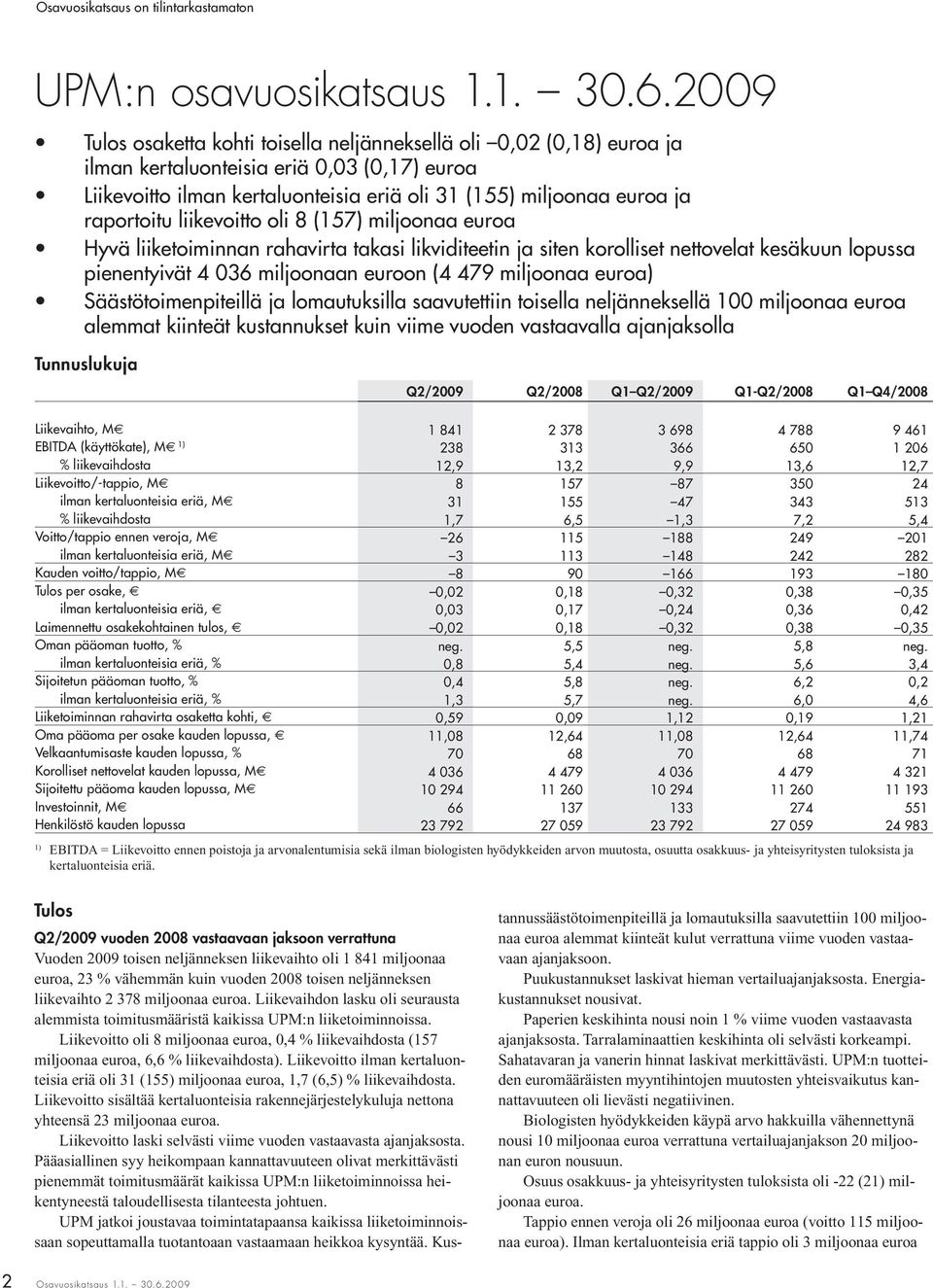 raportoitu liikevoitto oli 8 (157) miljoonaa euroa Hyvä liiketoiminnan rahavirta takasi likviditeetin ja siten korolliset nettovelat kesäkuun lopussa pienentyivät 4 036 miljoonaan euroon (4 479