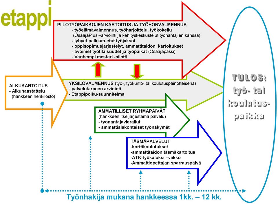 YKSILÖVALMENNUS (työ-, työkunto- tai koulutuspainotteisena) - palvelutarpeen arviointi - Etappipolku-suunnitelma AMMATILLISET RYHMÄPÄIVÄT (hankkeen itse järjestämä palvelu) -