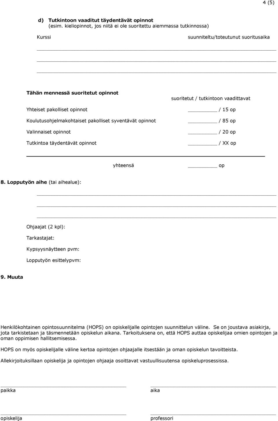 Valinnaiset opinnot Tutkintoa täydentävät opinnot suoritetut / tutkintoon vaadittavat / 15 op / 85 op / 20 op / XX op yhteensä op 8.