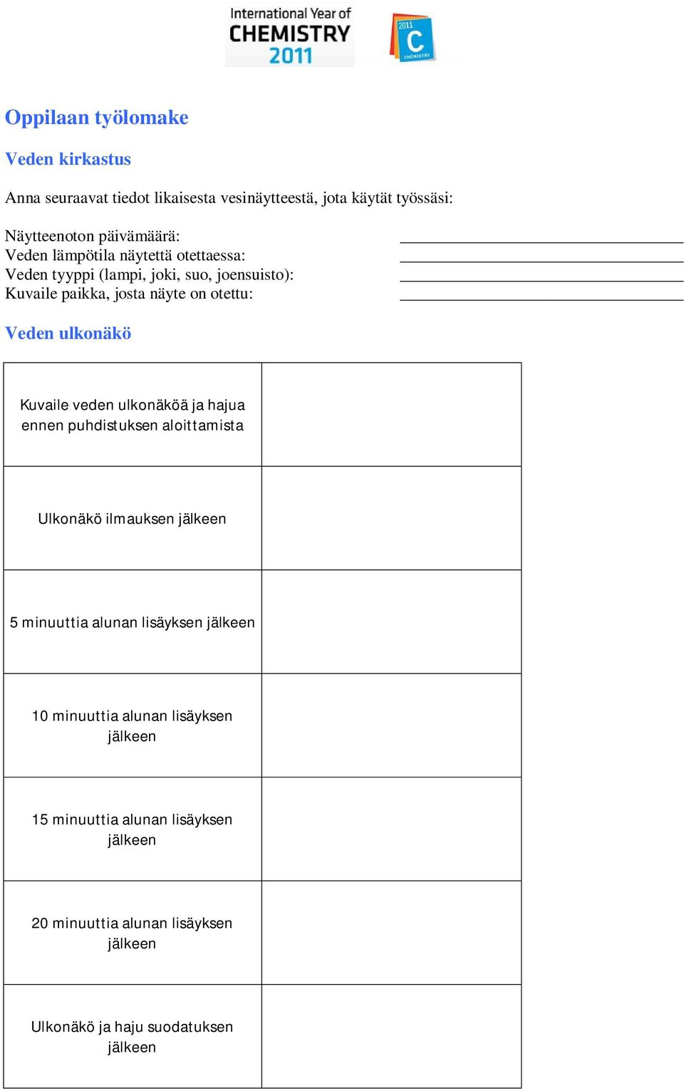 otettu: Veden ulkonäkö Kuvaile veden ulkonäköä ja hajua ennen puhdistuksen aloittamista Ulkonäkö ilmauksen 5 minuuttia