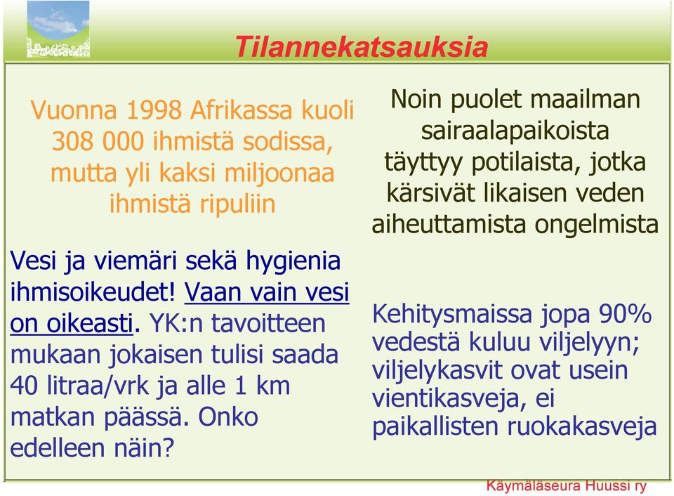 YK:n tavoitteen mukaan jokaisen tulisi saada 40 litraa/vrk ja alle 1 km matkan päässä. Onko edelleen näin?