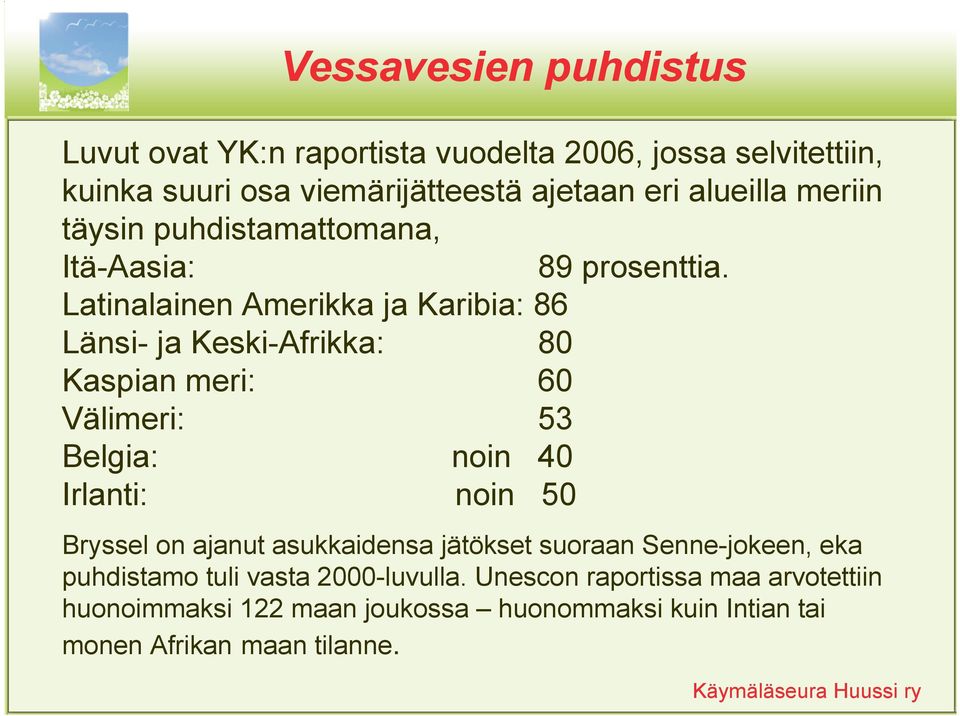 Latinalainen Amerikka ja Karibia: 86 Länsi- ja Keski-Afrikka: 80 Kaspian meri: 60 Välimeri: 53 Belgia: noin 40 Irlanti: noin 50 Bryssel