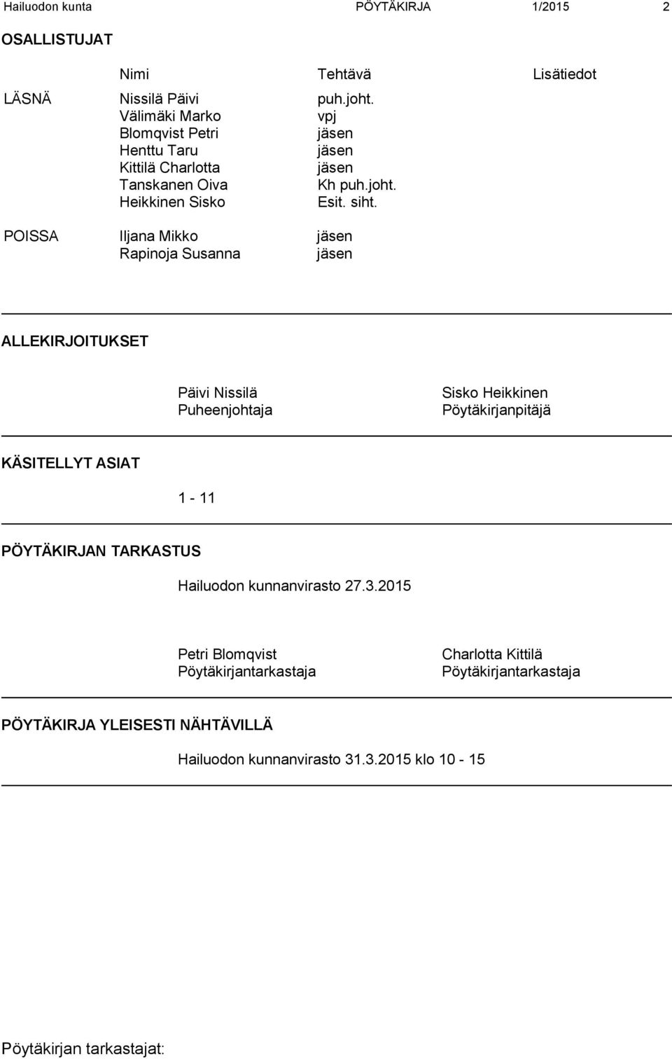 POISSA Iljana Mikko jäsen Rapinoja Susanna jäsen ALLEKIRJOITUKSET Päivi Nissilä Puheenjohtaja Sisko Heikkinen Pöytäkirjanpitäjä KÄSITELLYT ASIAT 1-11