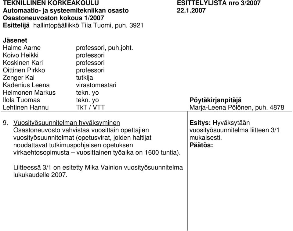 tutkija virastomestari TkT / VTT Pöytäkirjanpitäjä Marja-Leena Pölönen, puh. 4878 9.