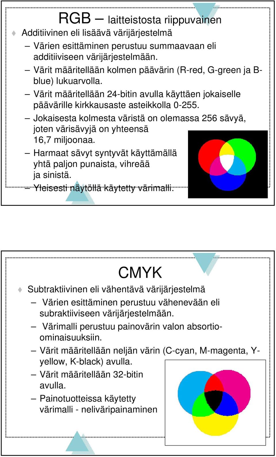 Jokaisesta kolmesta väristä on olemassa 256 sävyä, joten värisävyjä on yhteensä 16,7 miljoonaa. Harmaat sävyt syntyvät käyttämällä yhtä paljon punaista, vihreää ja sinistä.