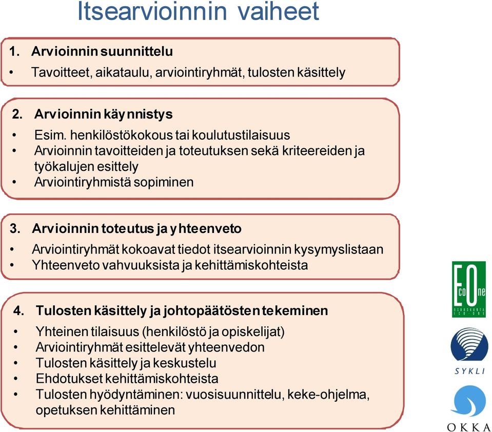 Arvioinnin toteutus ja yhteenveto Arviointiryhmät kokoavat tiedot itsearvioinnin kysymyslistaan Yhteenveto vahvuuksista ja kehittämiskohteista 4.