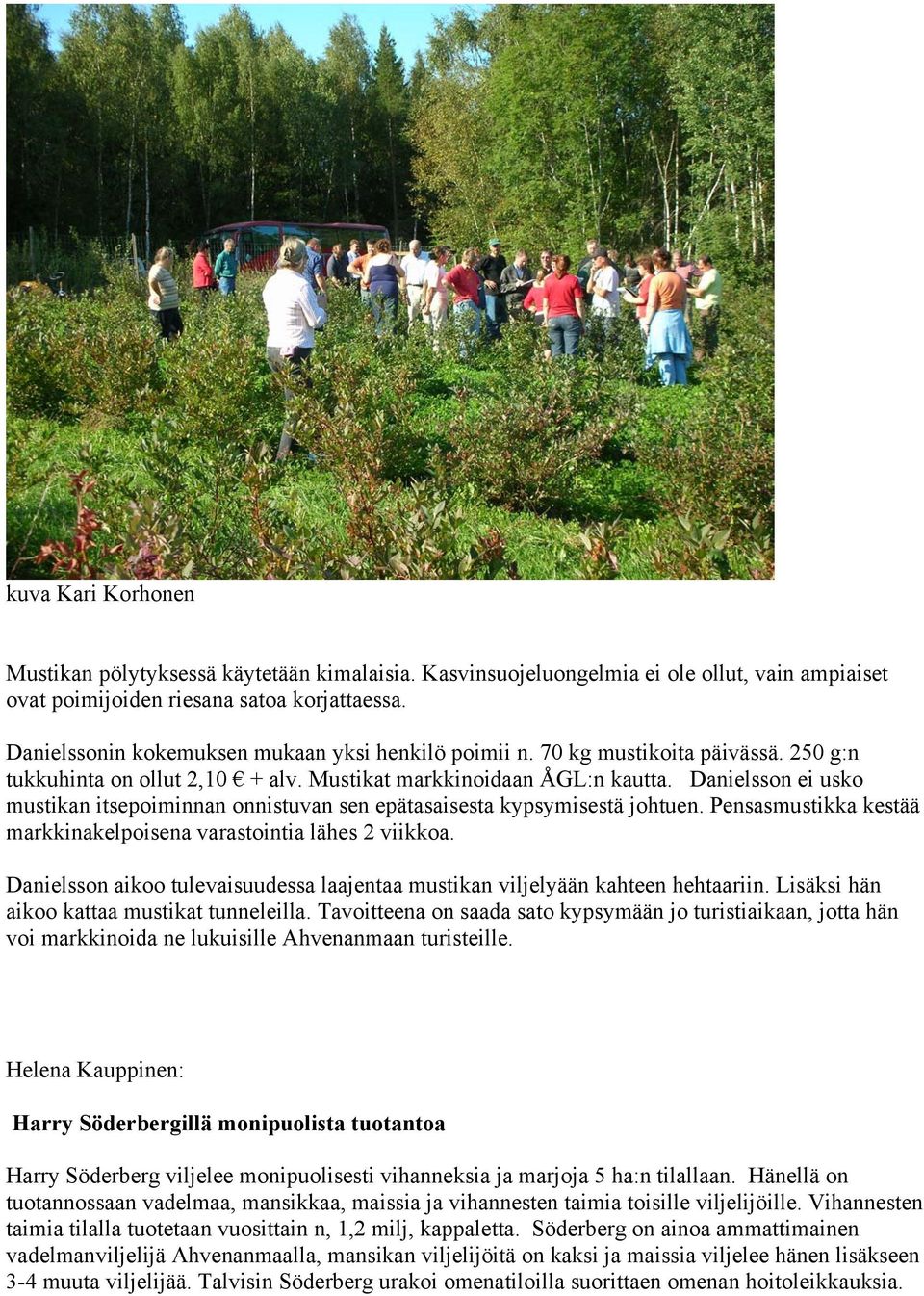 Danielsson ei usko mustikan itsepoiminnan onnistuvan sen epätasaisesta kypsymisestä johtuen. Pensasmustikka kestää markkinakelpoisena varastointia lähes 2 viikkoa.