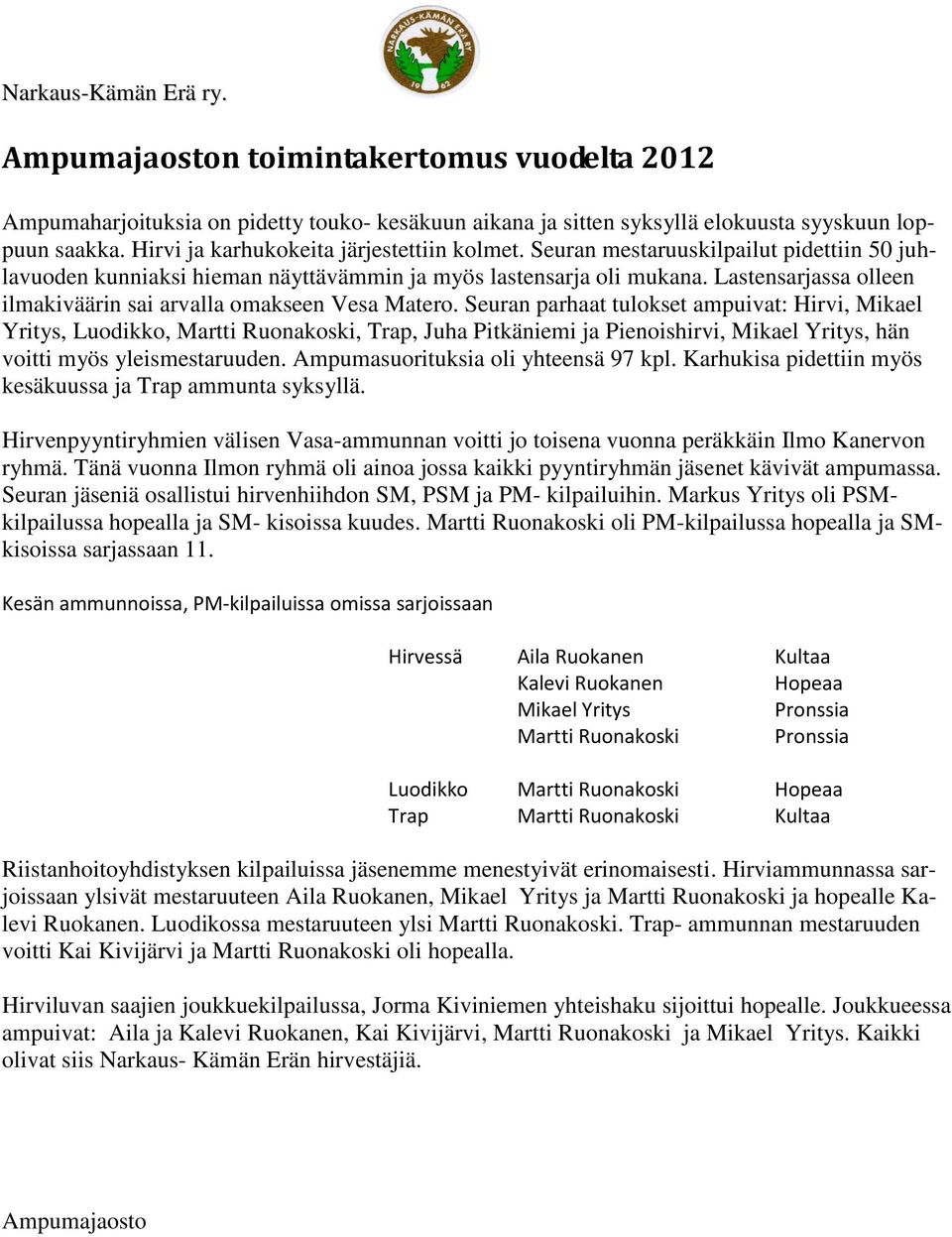 Seuran parhaat tulokset ampuivat: Hirvi, Mikael Yritys, Luodikko, Martti Ruonakoski, Trap, Juha Pitkäniemi ja Pienoishirvi, Mikael Yritys, hän voitti myös yleismestaruuden.