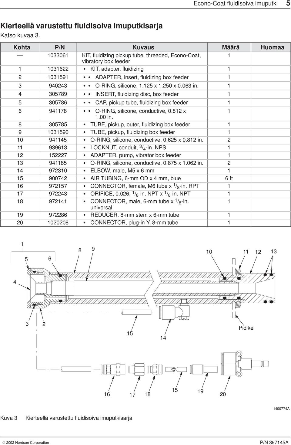 O-RING, silicone,.25 x.250 x 0.063 in. 4 305789 INSERT, fluidizing disc, box feeder 5 305786 CAP, pickup tube, fluidizing box feeder 6 9478 O-RING, silicone, conductive, 0.82 x.00 in.