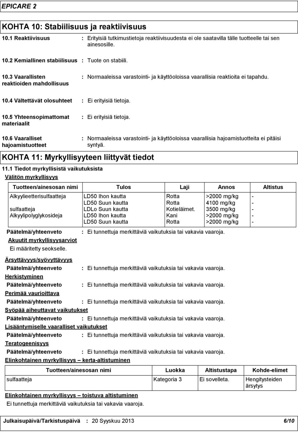 10.6 Vaaralliset hajoamistuotteet Normaaleissa varastointi ja käyttöoloissa vaarallisia hajoamistuotteita ei pitäisi syntyä. KOHTA 11 Myrkyllisyyteen liittyvät tiedot 11.