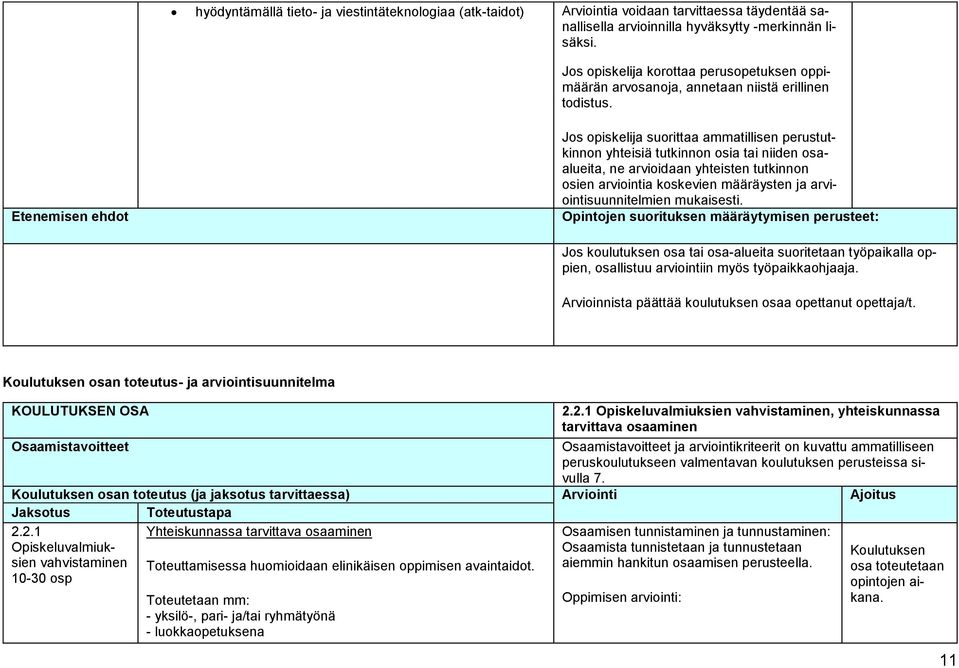 Etenemisen ehdot Jos opiskelija suorittaa ammatillisen perustutkinnon yhteisiä tutkinnon osia tai niiden osaalueita, ne arvioidaan yhteisten tutkinnon osien arviointia koskevien määräysten ja