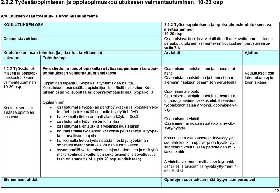 Koulutuksen osan toteutus (ja jaksotus tarvittaessa) Arviointi Ajoitus Jaksotus Toteutustapa 2.