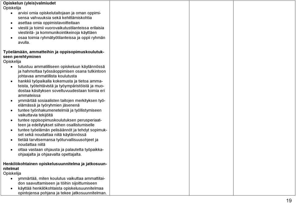 Työelämään, ammatteihin ja oppisopimuskoulutukseen perehtyminen Opiskelija tutustuu ammatilliseen opiskeluun käytännössä ja hahmottaa työssäoppimisen osana tutkintoon johtavaa ammatillista koulutusta