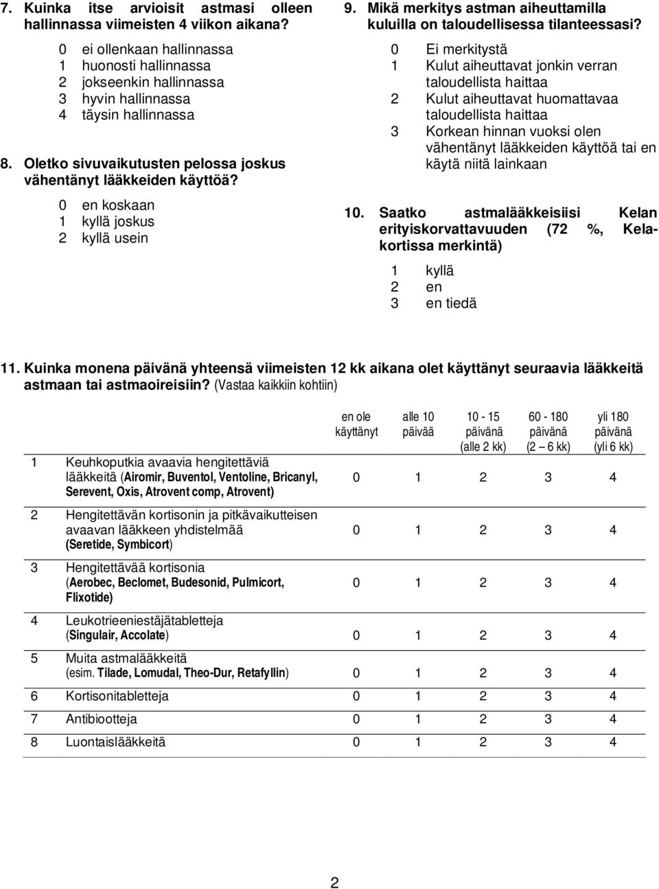 0 Ei merkitystä 1 Kulut aiheuttavat jonkin verran taloudellista haittaa 2 Kulut aiheuttavat huomattavaa taloudellista haittaa 3 Korkean hinnan vuoksi olen vähentänyt lääkkeiden käyttöä tai en käytä