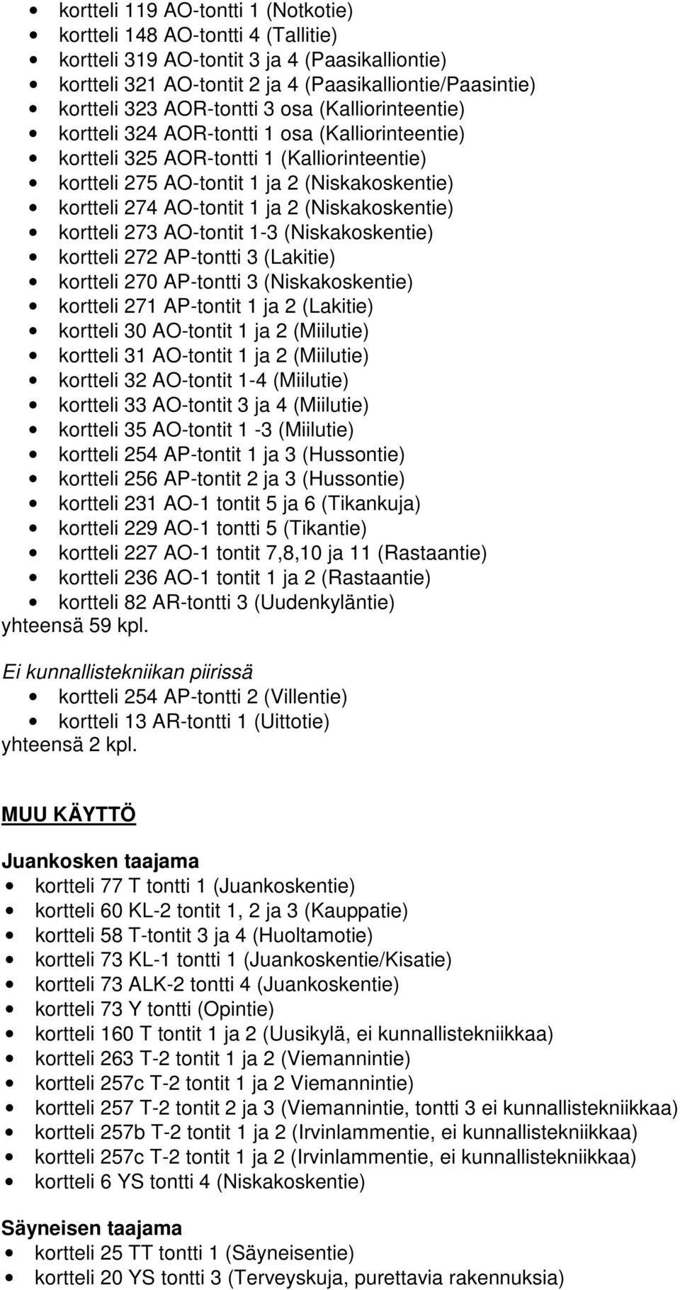 1 ja 2 (Niskakoskentie) kortteli 273 AO-tontit 1-3 (Niskakoskentie) kortteli 272 AP-tontti 3 (Lakitie) kortteli 270 AP-tontti 3 (Niskakoskentie) kortteli 271 AP-tontit 1 ja 2 (Lakitie) kortteli 30