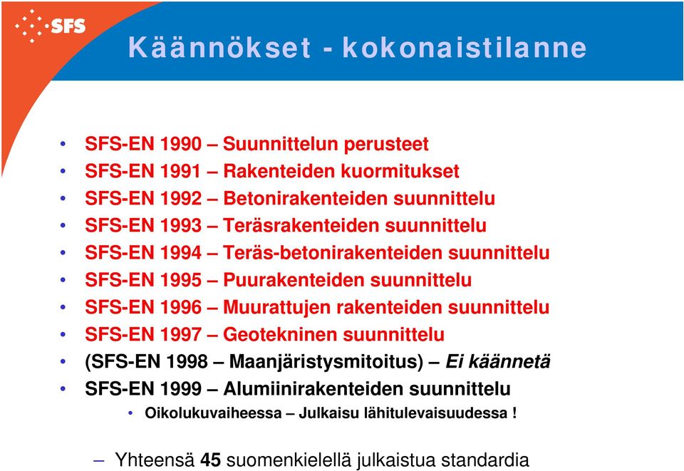 suunnittelu SFS-EN 1996 Muurattujen rakenteiden suunnittelu SFS-EN 1997 Geotekninen suunnittelu (SFS-EN 1998 Maanjäristysmitoitus) Ei