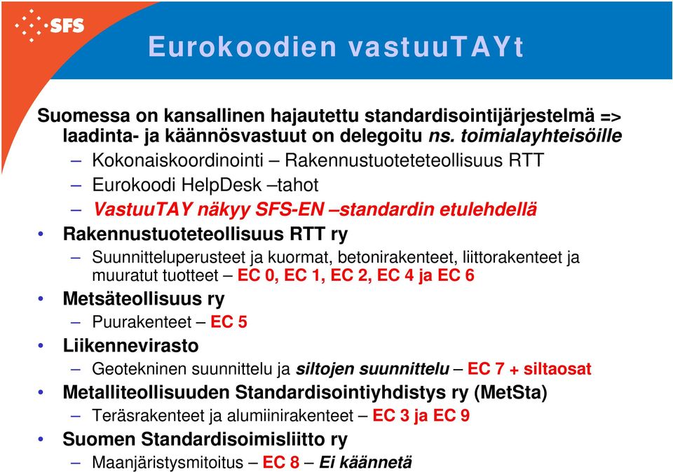 Suunnitteluperusteet ja kuormat, betonirakenteet, liittorakenteet ja muuratut tuotteet EC 0, EC 1, EC 2, EC 4 ja EC 6 Metsäteollisuus ry Puurakenteet EC 5 Liikennevirasto