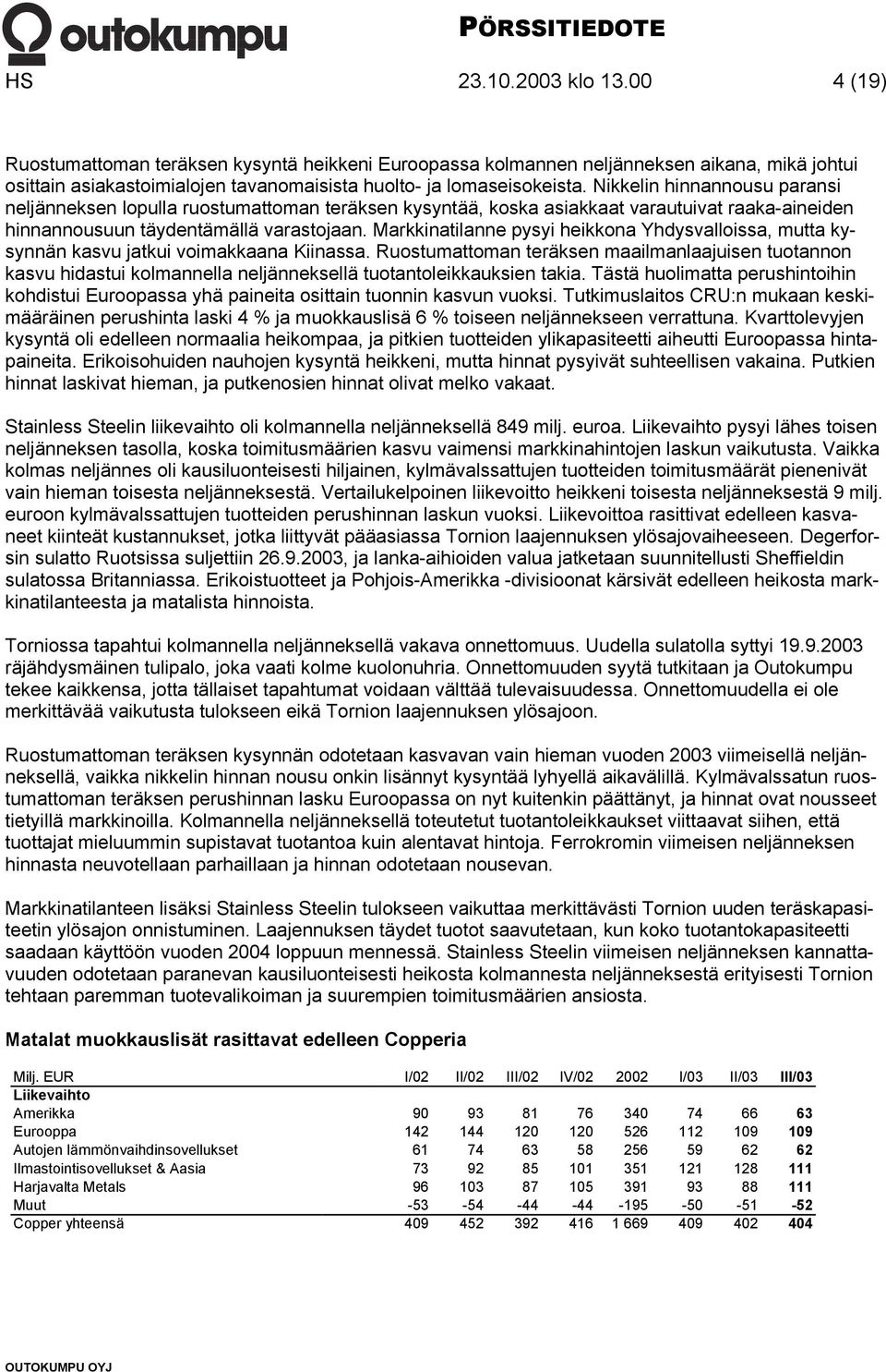 Markkinatilanne pysyi heikkona Yhdysvalloissa, mutta kysynnän kasvu jatkui voimakkaana Kiinassa.