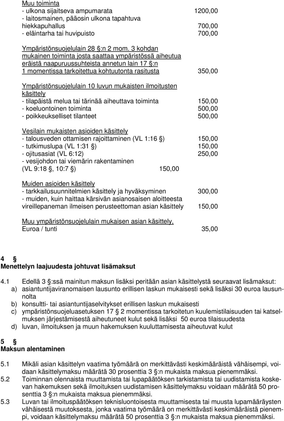 mukaisten ilmoitusten käsittely - tilapäistä melua tai tärinää aiheuttava toiminta 150,00 - koeluontoinen toiminta 500,00 - poikkeukselliset tilanteet 500,00 Vesilain mukaisten asioiden käsittely -