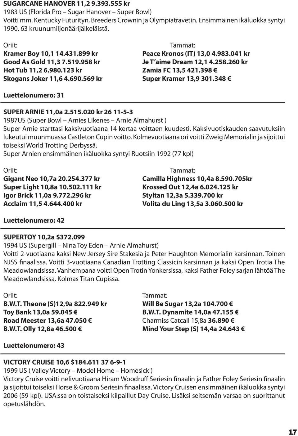 123 kr Zamia FC 13,5 421.398 Skogans Joker 11,6 4.690.569 kr Super Kramer 13,9 301.348 Luettelonumero: 31 SUPER ARNIE 11,0a 2.515.